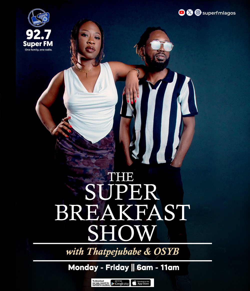SuperFMLagos's tweet image. Get the best of News, Talk shows and sports on your no 1 family radio with the SUPER BREAKFAST SHOW as @officialOSYB &amp;amp; @thatpejubabe thrill you with the best of conversations this morning.

#superfmlagos

Listen live 👉🏾 superfm.online/lagos