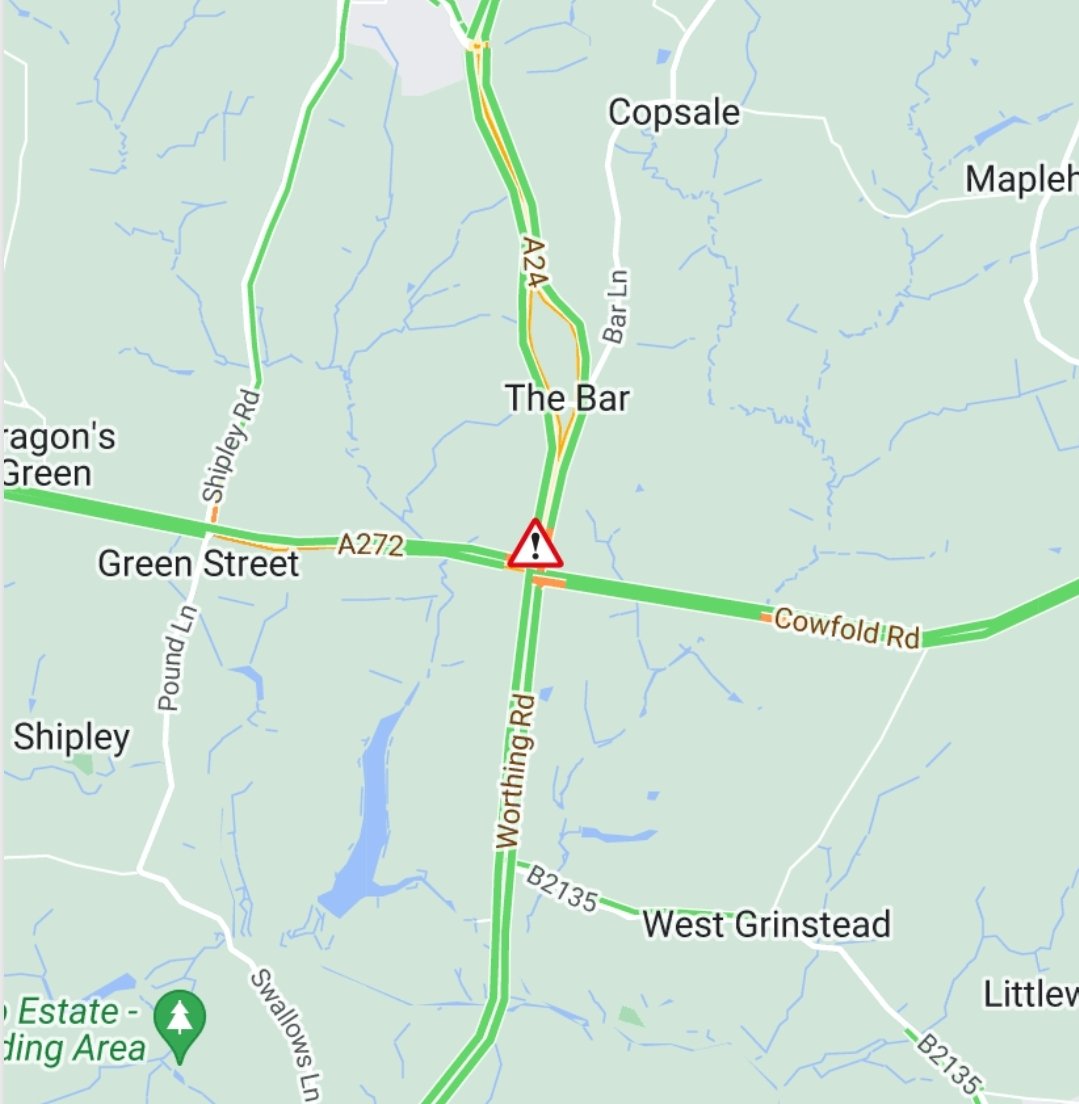 Travel news: Partially blocked and slow traffic owing to earlier crash, two cars involved on A24 Worthing Road southbound at A272 #Buckbarn Thanks to Steve for calling the Jamline: 01243 963 960 @SussexTW