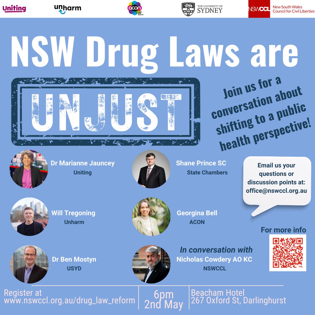 Wouldn't it be great to live in a NSW with just, fair & non-discriminatory drug laws? Join us for a discussion about how we can make this happen. nswccl.org.au/drug_law_reform @Unharmdotorg @ACONhealth @harmreductionau @weareuniting @humanrightsHRLC @LawSocietyNSW @NSWLaborLawyers
