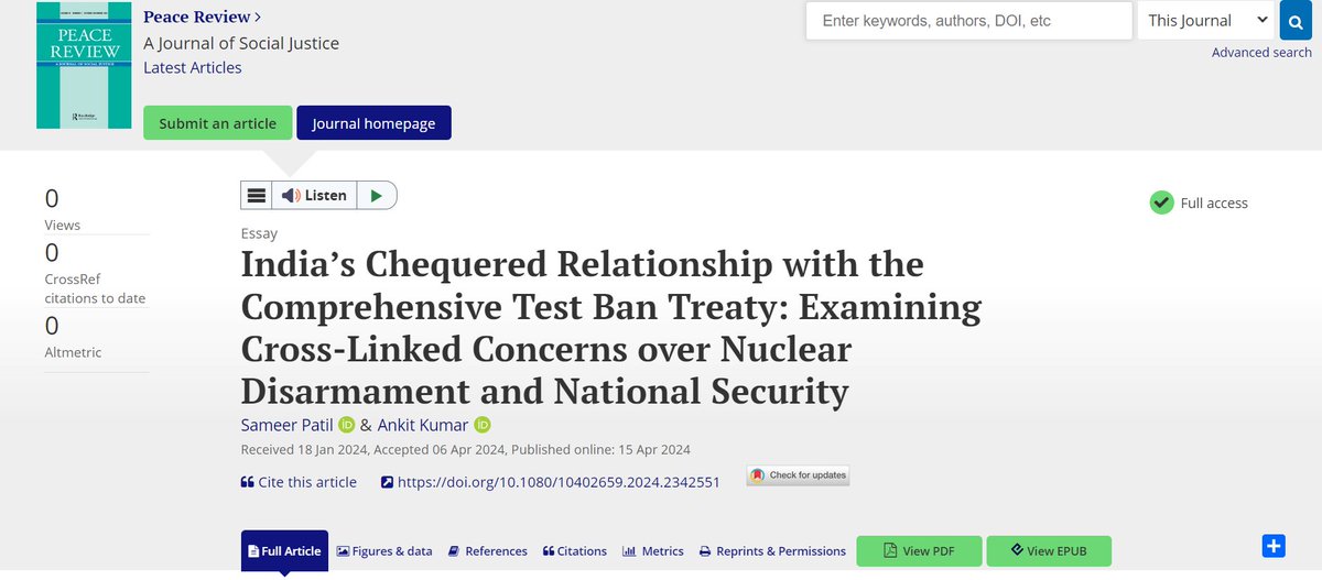 I have a new journal article with @SameerP_IND on India’s Chequered Relationship with CTBT & national security concerns. Key enquiry here are the reasons behind India’s initial support of the CTBT in 1993 and what transpired between 1994 & 1996 that led India to change its stand?