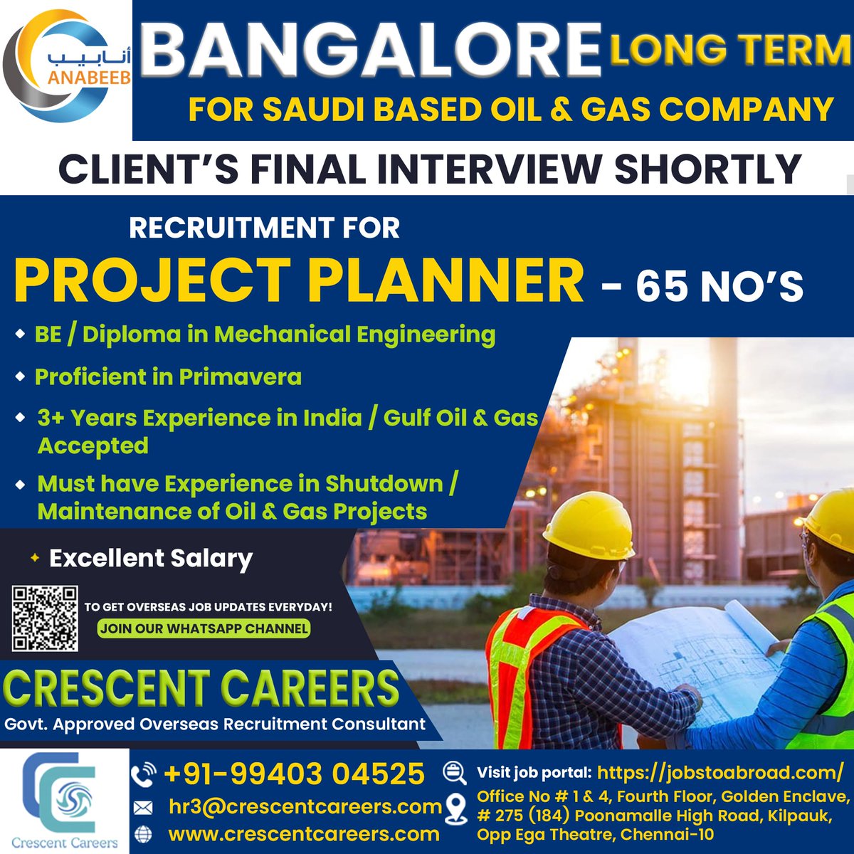 PROJECT PLANNER 
For Saudi Based Oil & Gas Company - Location Bangalore 
Long Term 
FINAL CLIENT'S INTERVIEW SHORTLY  
Send your CV to: hr3@crescentcareers.com 
Contact: +91-99403 04525 
#projectplanner #bangalore #uaejobs #saudiarabia #oilandgas