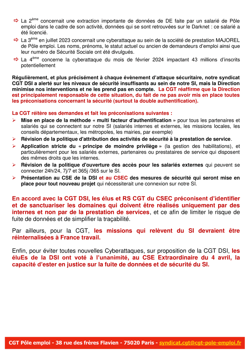 CSEC @FranceTravail : Déclaration @CGT_pole_emploi suite à la #cyberattaque concernant 43 millions de personnes
@CNIL @laquadrature @UFSE_CGT @FnposCGT