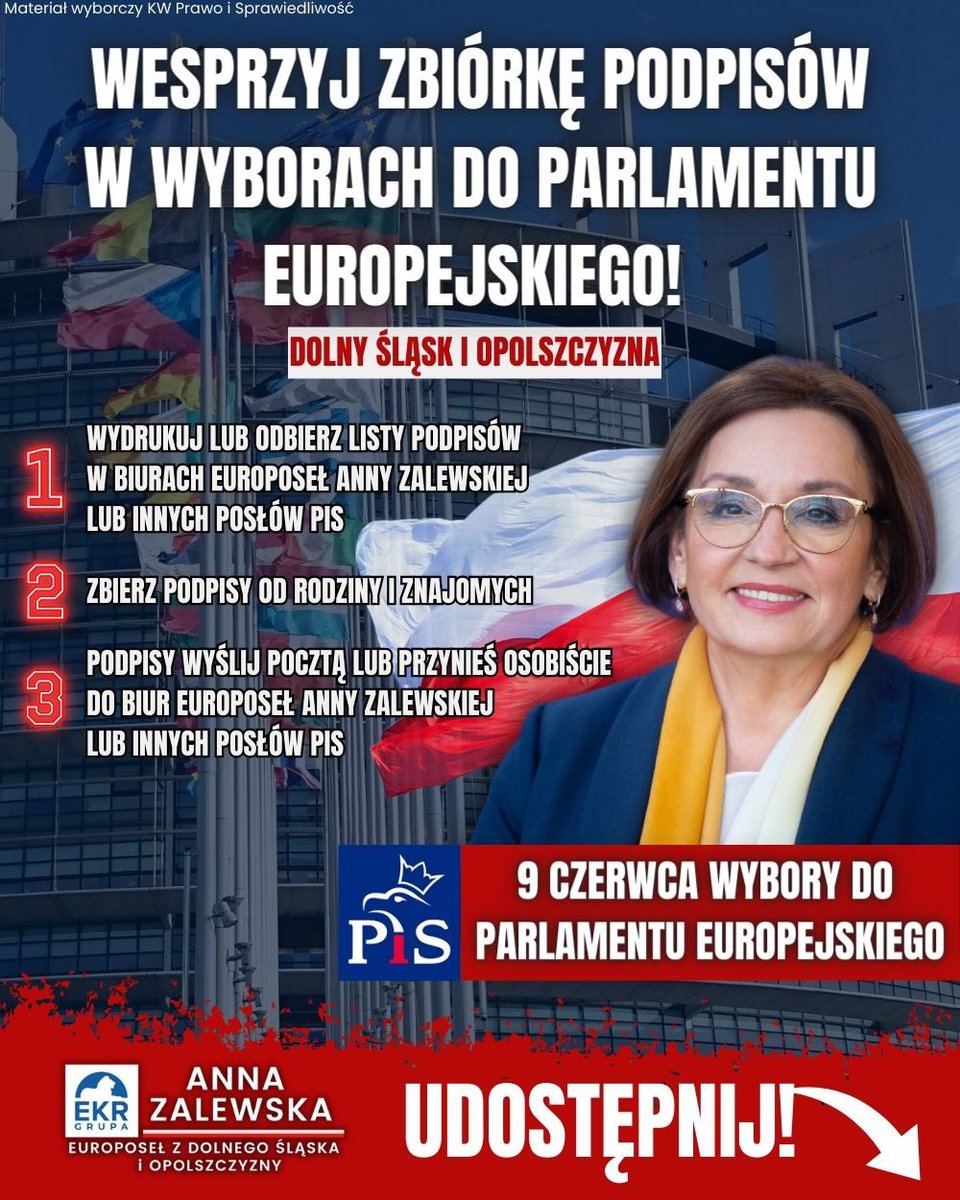 📢 Wybory do Parlamentu Europejskiego już 9 czerwca! 🇵🇱🇪🇺 Proszę Państwa o pomoc w zbiórce podpisów pod listą @pisorgpl w okręgu nr. 12 obejmującym Dolnym Śląsk i Opolszczyznę! Podpisy zbieramy do 25 kwietnia! Druk można pobrać na mojej stronie internetowej pod linkiem -…