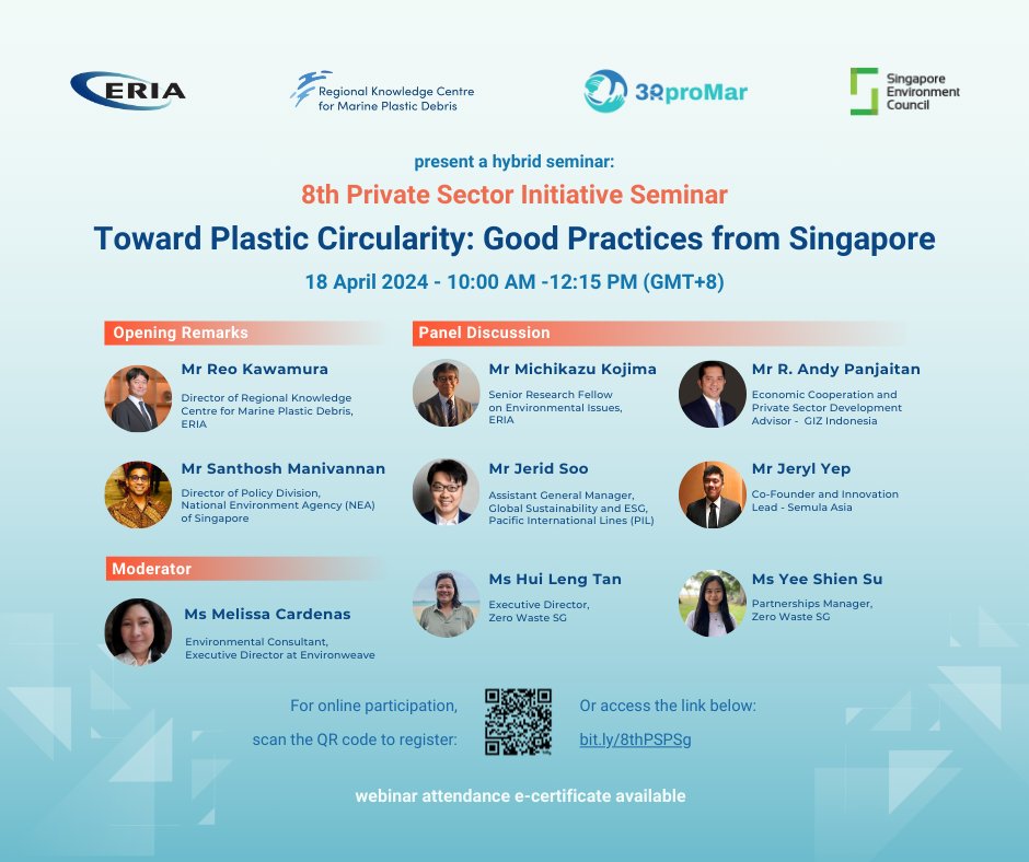 Don't forget to join our webinar 'Toward Plastic Circularity - Good Practices from Singapore'. Save the date! 🗓️ 18 April 2024 📷 10:00AM-12:15PM (Singapore Time | GMT+8) 📷bit.ly/8thPSPSg 📷 E-certificate is provided for all participants. ➡️ #webinar #Singapore