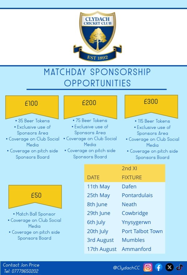 Matchday Sponsorship Opportunities available for the upcoming season If any businesses or individuals are interested, please contact John Price on 07779650202 for more information. #SupportLocal #cricket #UppaClyd #AsOne