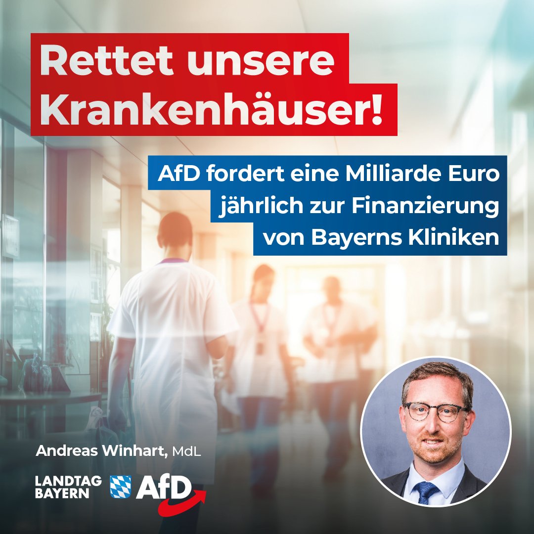 Rettet unsere Krankenhäuser! – AfD fordert eine Milliarde Euro jährlich zur Finanzierung von Bayerns Kliniken Die AfD-Fraktion hat einen Änderungsantrag zum Haushaltsplan 2024/2025 vorgelegt: Unter einer neuen Titelgruppe „Rettet die Krankenhäuser!“ (Kap. 13) soll für die Jahre…