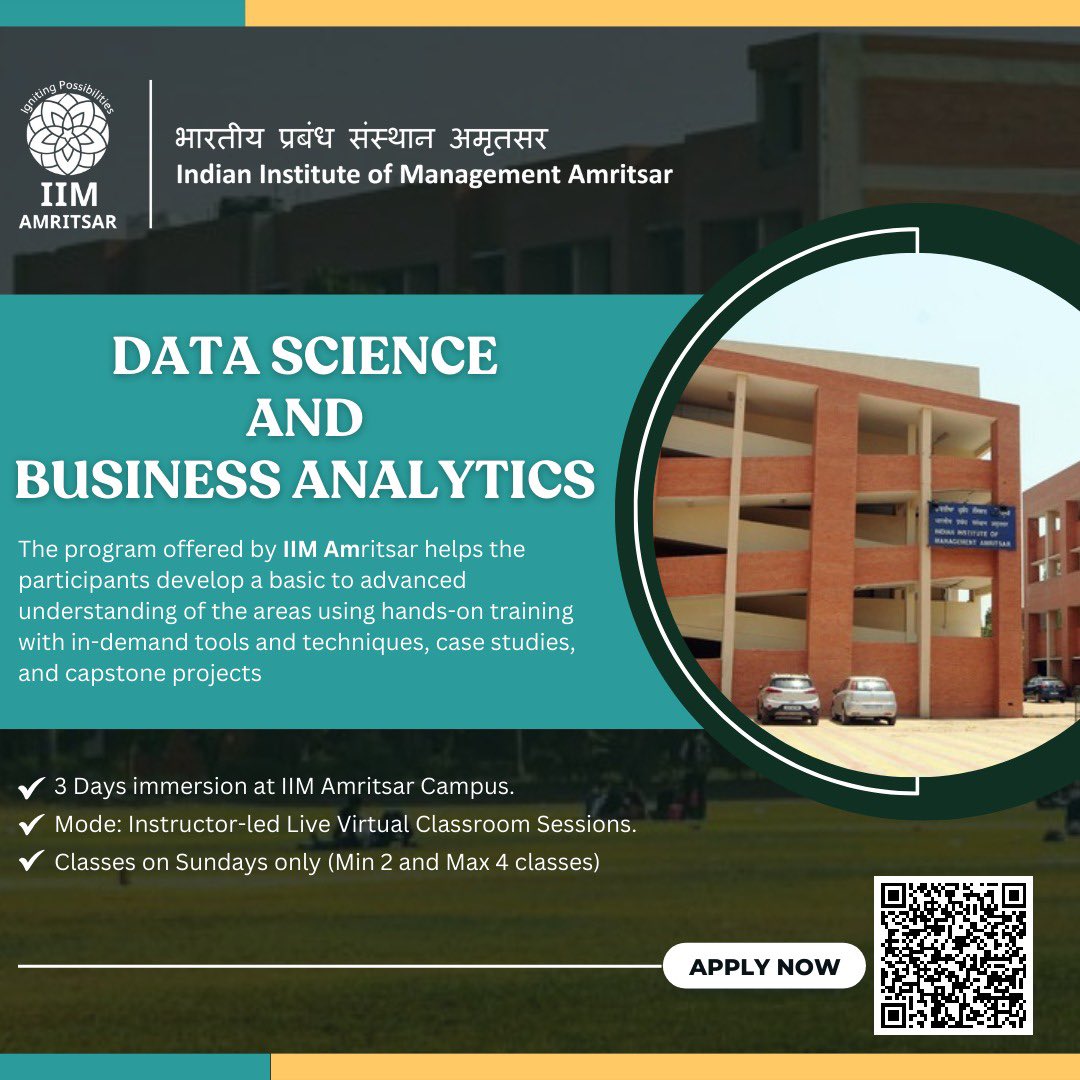 IIM Am's DSBA Program Applications Now Open!

Master the ever-evolving skills of data science and business analytics in our intensive 12-month program.
Visit our website to learn more and apply today!
iimamritsar.ac.in/p/about-the-pr… 

#IIMAm #IIMAmritsar #DSBA #BusinessAnalytics #UpSkill