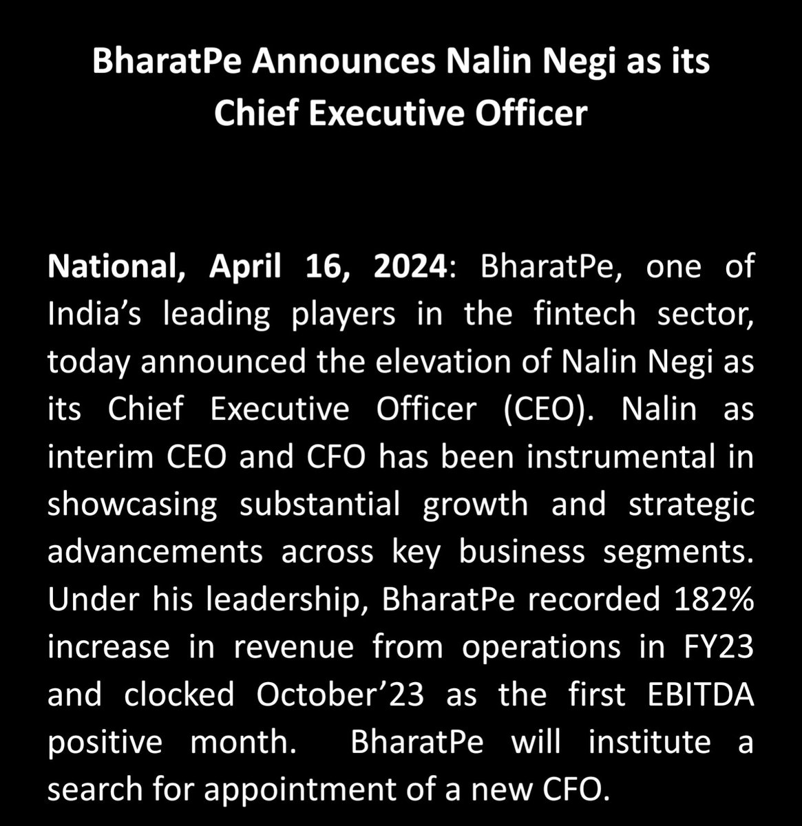 🚨 BharatPe promotes interim CEO Nalin Negi to the full time role

Earlier at SBI Cards and GE Capital, Negi joined BharatPe in 2022 as CFO