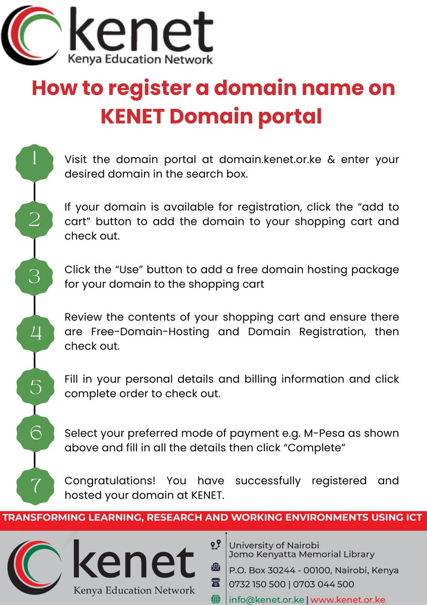 Are you an institution in the research and education community looking to register your domain? Well look no further! Click the link below to visit domain.kenet.or.ke and follow the outlined steps to register your domain name. #KENET #domainregistration #domainnames