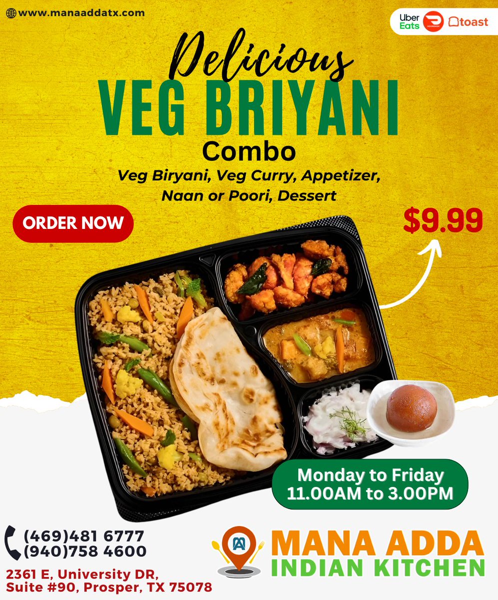 Veg Biryani Combo! 🍲✨
#VegBiryani #IndianCuisine #FoodieFaves #ProsperTXEats #FoodHeaven #YumYum #TasteTheMagic #ManaAddaMagic #FoodGoals #FoodieLove #SpiceItUp #FlavorBlast #DeliciousDelights #FoodForTheSoul #TasteOfIndia #FoodIsLife #TreatYourself #FeastMode