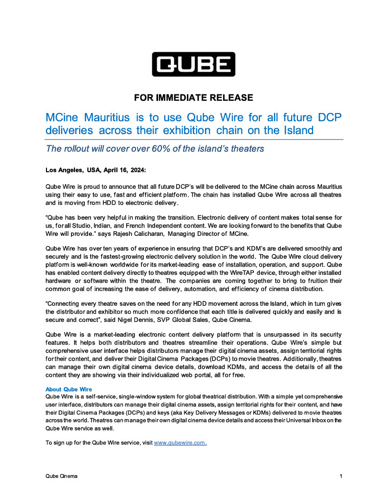 qubecinema's tweet photo. Qube Wire and MCine bring the convenience and security of digital distribution to Mauritius.

#QubeWire #electronicdelivery #DCP #mauritius #MCine https://t.co/3CJyik10ow