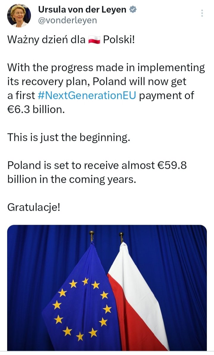 Pani Ursula zapomniała wspomnieć, że KPO to POŻYCZKA na wysoki procent. Aby ją otrzymać, Polska zrezygnowała z kluczowych inwestycji, jak np. CPK, które nie podobają się Niemcom. A pieniądze mamy wydać na 🇩🇪 wiatraki, pompy i fotowoltaikę.
To zdecydowanie ważniejszy dzień dla 🇩🇪.