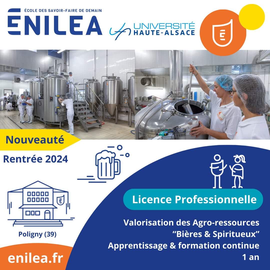 Nouveauté pour la rentrée 2024 !
En partenariat avec l'Université de Haute Alsace, ENILEA Campus Poligny ouvre la Licence professionnelle Valorisation des Agro-ressources, parcours "Bières &amp; Spiritueux".
Plus d'infos : 03.84.73.76.76 ou par mail : recrutement.poligny@educagri.fr