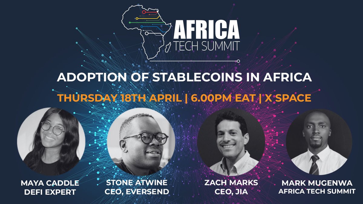 🚀 Join us for our next X space session on April 18th at 6.00 PM (EAT) for a discussion on 'Adoption of Stablecoins in Africa' with @CaddleMaya, DeFi Expert, @StoneAtwine from @eversendapp, @zmarks215 from @jia_DeFi, and Mark Mugenwa ATS bit.ly/4aQ0uk2