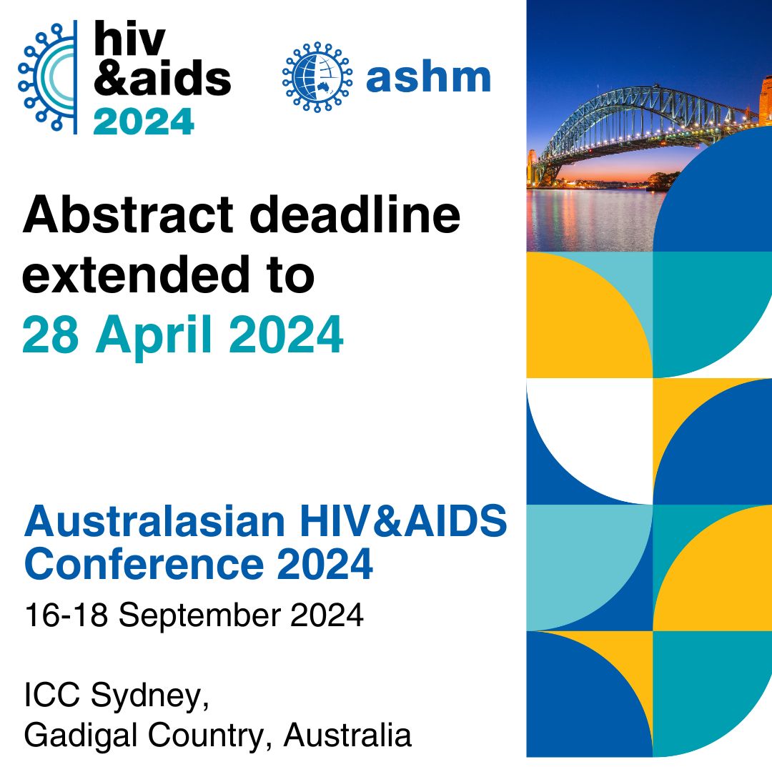 ASHM (@ashmmedia) on Twitter photo Abstract submission deadline extended for Australasian HIV&AIDS Conference 2024 📅
You now have until 28 April to submit your abstract for #HIVAIDS2024, happening 16 – 18 September 2024 at <a href="/ICCSyd/">ICC Sydney</a>, Gadigal Country, Australia.
Submit your abstract now: buff.ly/3T32lMt Abstract submission deadline extended for Australasian HIV&AIDS Conference 2024 📅
You now have until 28 April to submit your abstract for #HIVAIDS2024, happening 16 – 18 September 2024 at <a href="/ICCSyd/">ICC Sydney</a>, Gadigal Country, Australia.
Submit your abstract now: buff.ly/3T32lMt