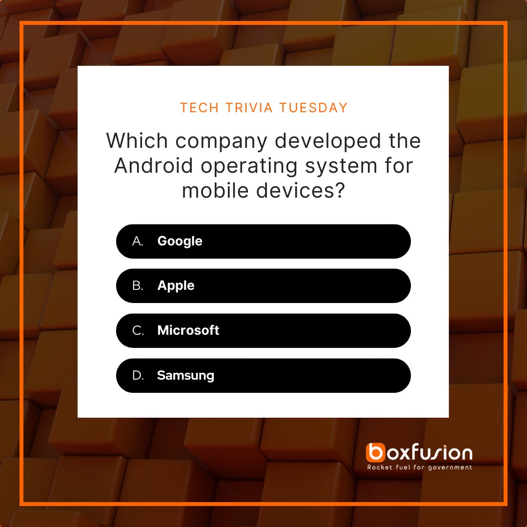 Unveiling the mastermind behind Android. 📱 

Let us know your answers below. ​🤝

#Boxfusion #SmartGovforCitizens #CitizenEngagement  #DigitalTransformation #SITA​ #TechTalk #TechTriviaTuesday