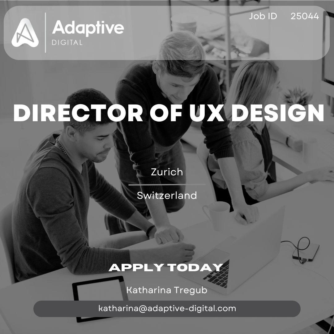 AdaptiveCareers's tweet photo. Elevate your career in UX Design in Zurich🇨🇭 ! 🚀
We're looking for a Director of UX Design who's ready to lead and innovate.
Join the frontier of digital excellence. Don't miss out - send your CV to Katharina today.
 #UXDesign #Leadership #CareerOpportunity #ZurichJobs #ApplyNow https://t.co/I8LXcG31gn