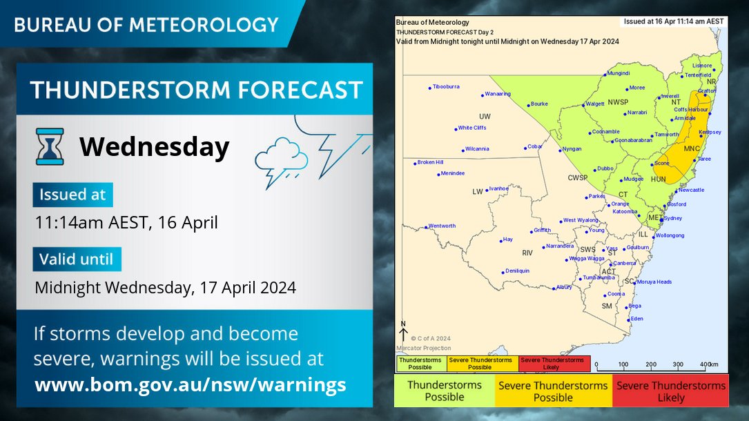 ⛈️Wednesday's forecast: severe thunderstorms with heavy rainfall and large hail are possible in the northeast. Thunderstorms are possible in the north and over the Sydney metropolitan area. Today's warnings: bom.gov.au/nsw/warnings/