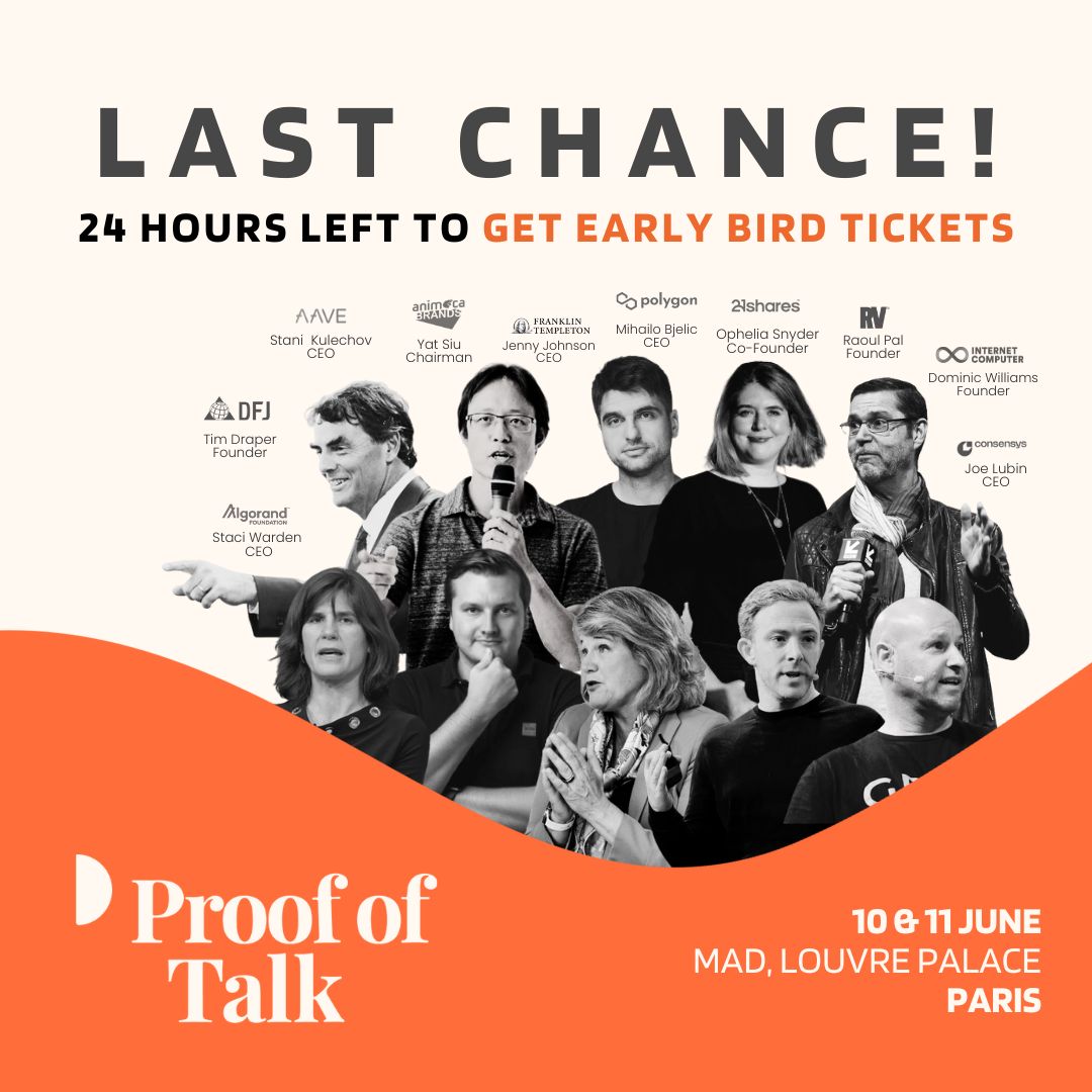 🚨 LAST CALL! 🚨 

Only 24 hours left to get an early bird ticket. 

Inquire now for your exclusive offer for one of Web3’s most exclusive events! 

Link: proofoftalk.io

#PoT24 #ProofOfTalk #Web3  #Web3Events #LastCall #ExclusiveOffer #CryptoConference #ExclusiveEvents