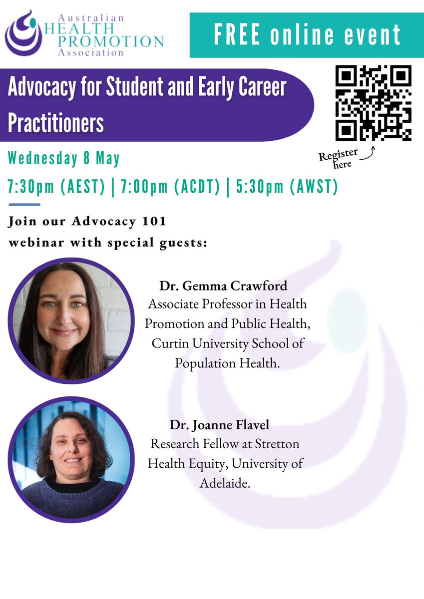 AHPA invites students and early career practitioners to our free online #AHPAevent on health promotion advocacy. 📅 Wed 8 May 2024, 7.30-8.30pm AEST For more information and to register: healthpromotion.org.au/events/nationa…