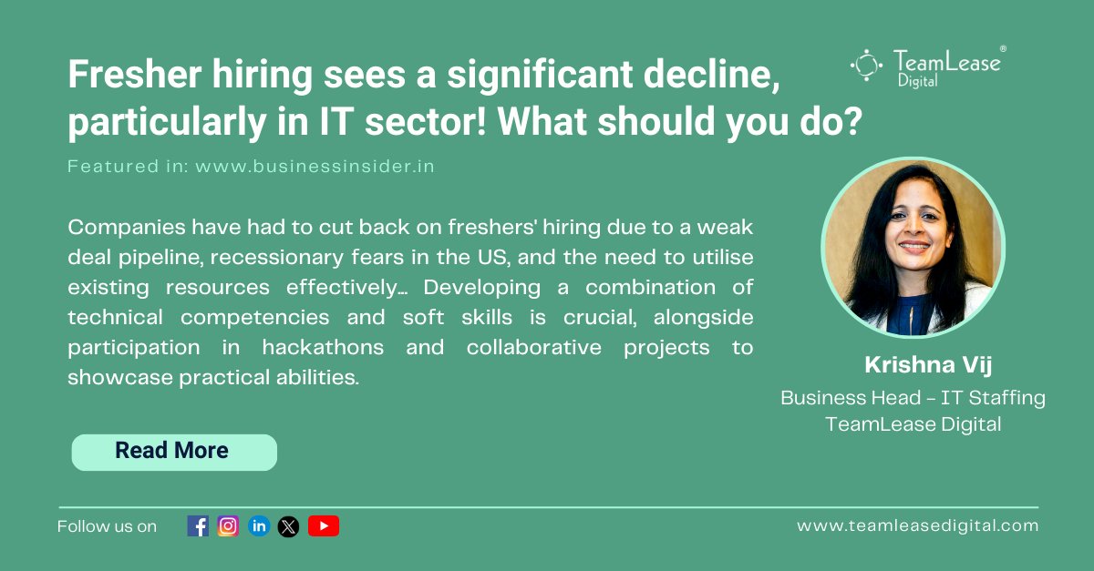 Krishna Vij, Business Head-IT Staffing, @TeamLeaseDGT got featured in @BusinessInsider to discuss on significant decline in fresher hiring.

Read more: bit.ly/49Cru5E

#fresherhiring #itindustry #itjobs #techindustry #techjobs #techstaffing #itstaffing #staffing