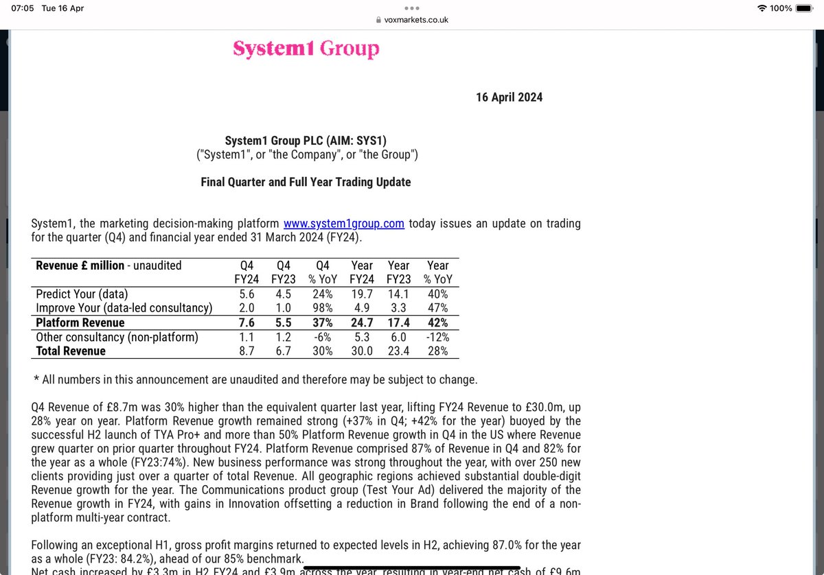 #SYS1 nice to see my favourite expression ahead of expectations for profit pre tax Plan to resume paying dividends is also👍 Confident outlook “we will step up investment in attracting, winning and retaining customers in order to continue our growth trajectory” Top of my 👀 list