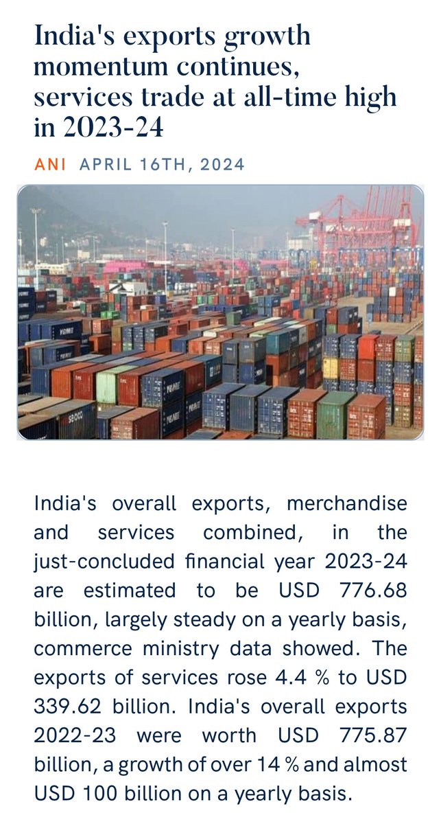 Chethan66407619's tweet photo. India's exports growth momentum continues, services trade at all-time high in 2023-24
https://t.co/jbsYcbDPGe via NaMo App https://t.co/hsuOsmkRmO