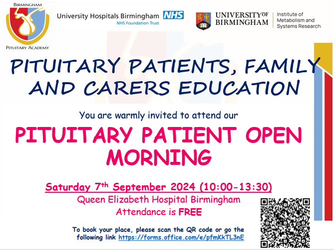 Save the date SATURDAY, 7th SEPTEMBER, Pituitary Patient Open Morning organised by the Birmingham Pituitary Academy. Advances in management of pituitary tumours - Fatigue and pituitary hormones. @IMSR_UoB @BHPComms @uhbtrust @Pituitary_org