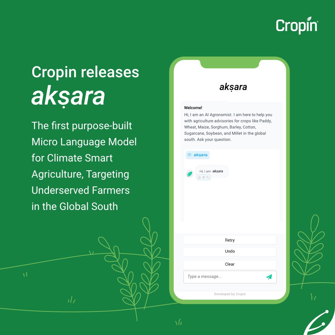 CropInTech's tweet photo. T1/T3 Today marks an important milestone for us as we announce the launch of akṣara, the 1st purpose-built open-source Micro Language Model( µ-LM) for ag. The first version of akṣara will cover 9 crops: Paddy, Wheat, Maize, Sorghum, Barley, Cotton, Sugarcane, Soybean, &amp; Millet https://t.co/jp7jyHDESu