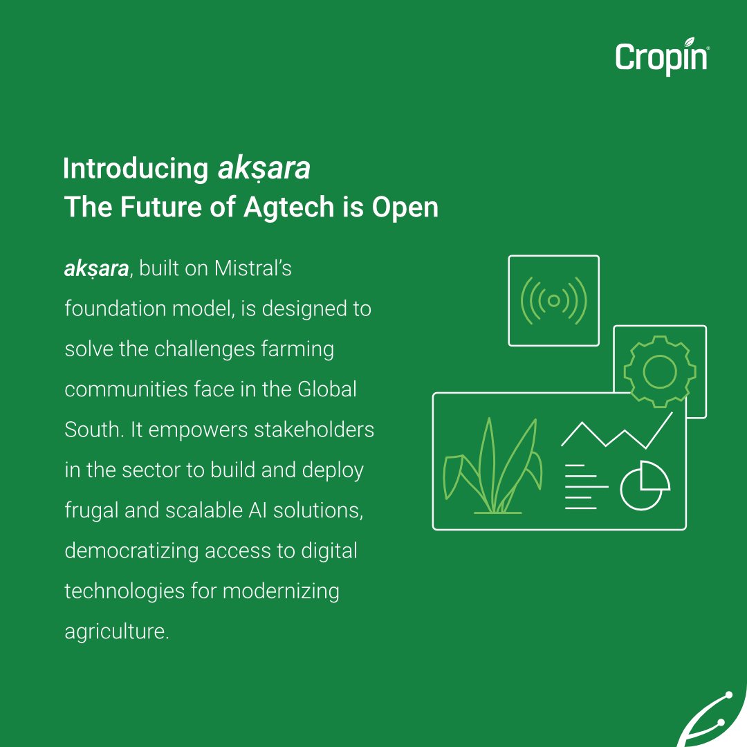 CropInTech's tweet photo. T1/T3 Today marks an important milestone for us as we announce the launch of akṣara, the 1st purpose-built open-source Micro Language Model( µ-LM) for ag. The first version of akṣara will cover 9 crops: Paddy, Wheat, Maize, Sorghum, Barley, Cotton, Sugarcane, Soybean, &amp; Millet https://t.co/jp7jyHDESu
