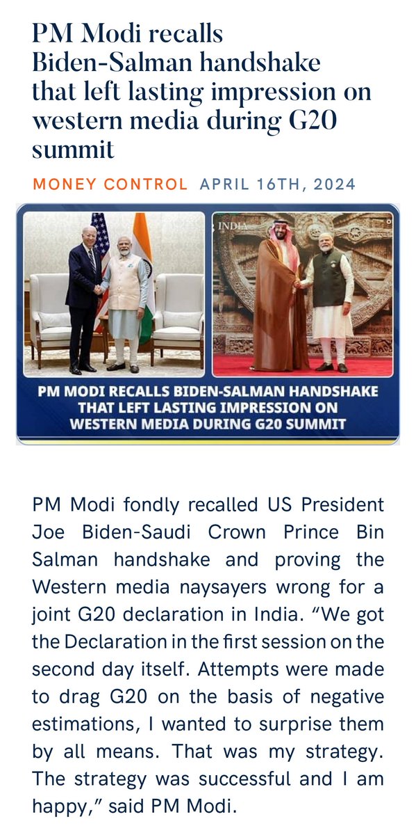 Chethan66407619's tweet photo. PM Modi recalls Biden-Salman handshake that left lasting impression on western media during G20 summit
https://t.co/gLqgU3PMbI via NaMo App https://t.co/vSuk86y9y6