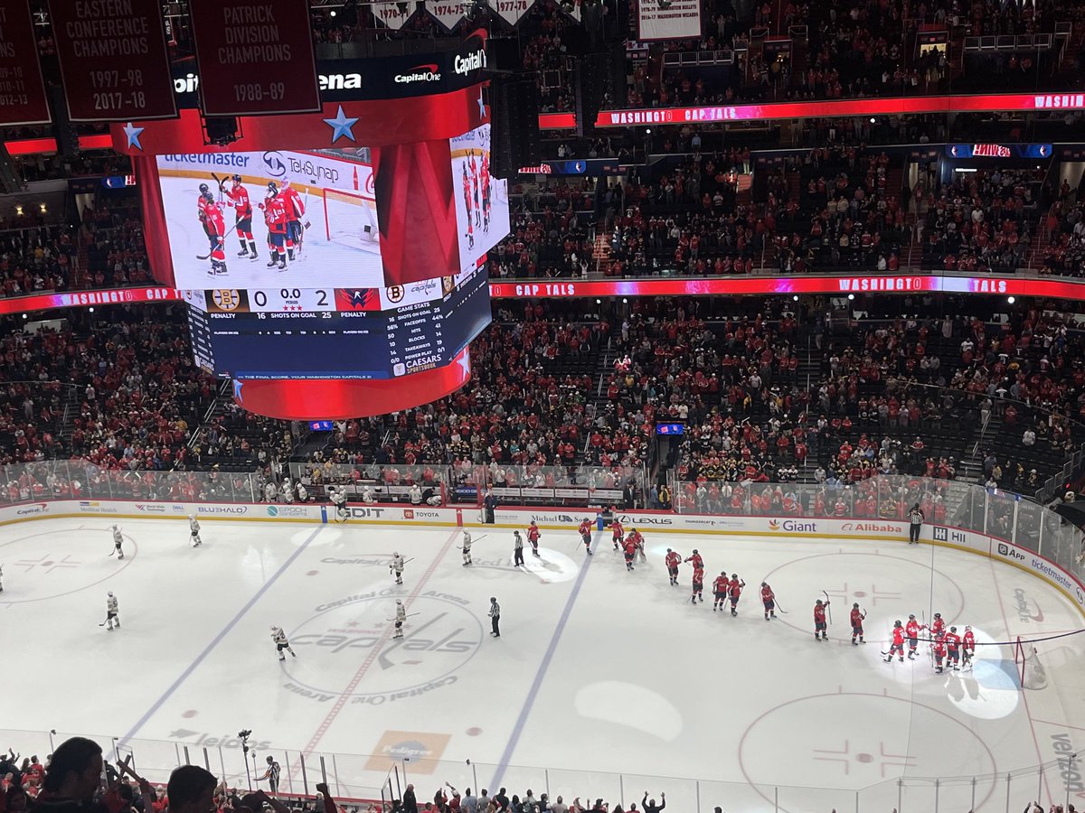 #ALLCAPS beat #NHLBruins 2-0 ⁦@CapitalOneArena⁩ A #Caps win tomorrow and they will clinch a postseason berth 🏒Charlie Lindgren earns his NHL-best 6th shutout of the season 🏒Lindgren now with a shutout streak of 103:36 🏒John Carlson GWG; 29:33 TOI 🏒Nic Dowd ENG