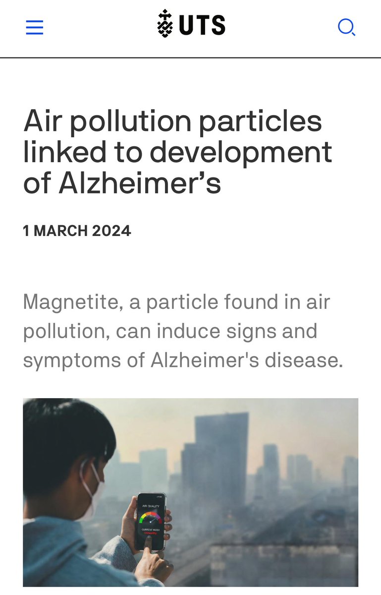 STUDY: Air pollution particles resulting from such things as vehicle exhaust, brake pad friction, engine wear and coal-fired power plants have been linked to development of Alzheimer’s Disease. Among many other consequences. uts.edu.au/news/health-sc…