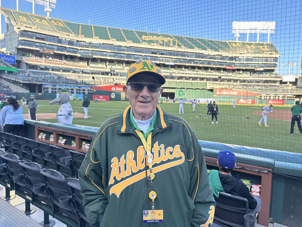 Sam Moriana is 95 and the oldest A’s employee. He even checked with HR. “I’m the oldest goat.” He’s been at the Coliseum 18 years. Currently commands the third-base field box with a smile and so much cheer. Thanks, Sam, for brightening the world!