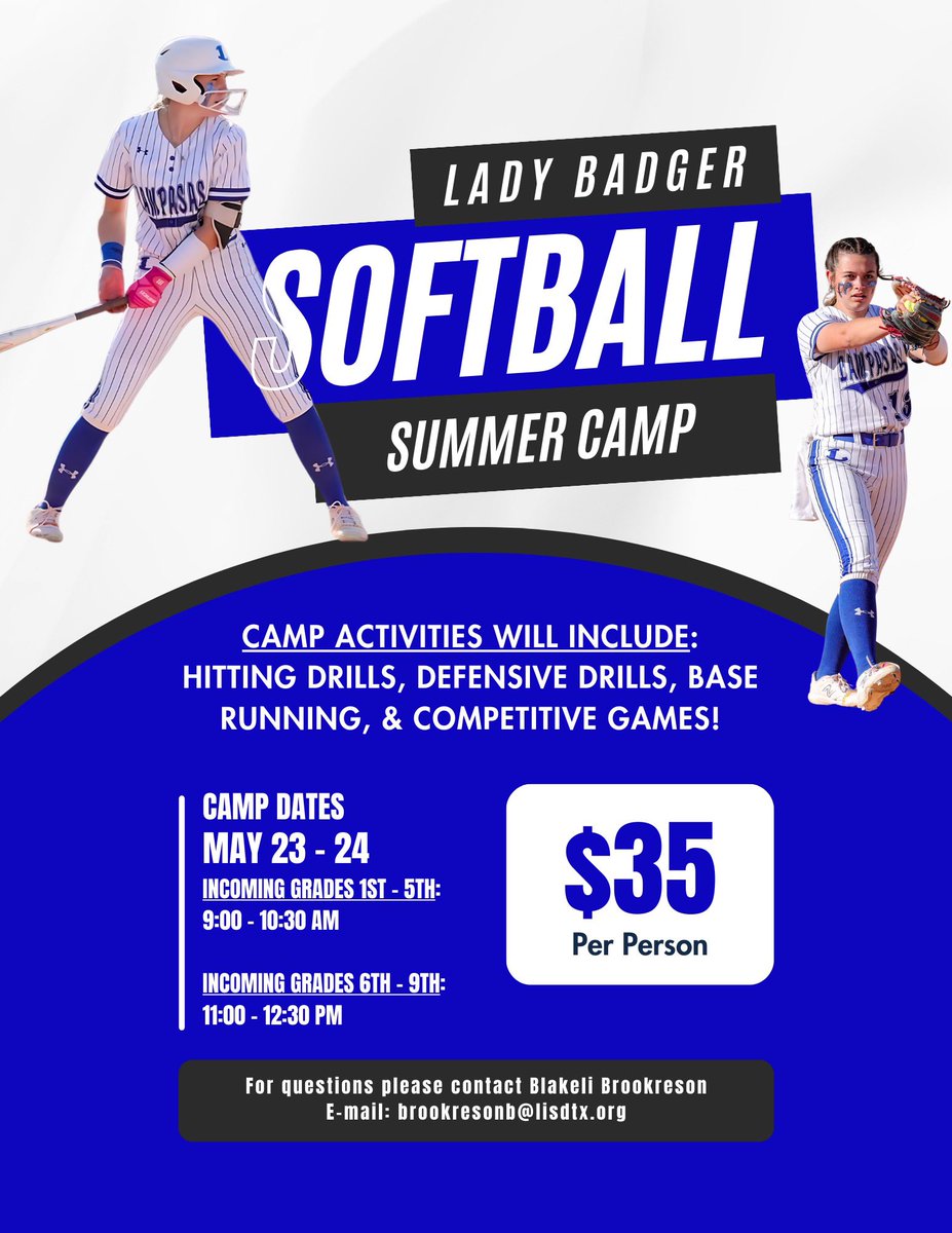 If you are interested in our summer camp here is the registration link!!!🥎 Camp will be held at the Lady Badger Softball Field. Campers will need: glove, bat, helmet, cleats/tennis shoes, sunscreen, water bottle, t-shirt, and shorts! lampasasisd.hometownticketing.com/embed/event/53…