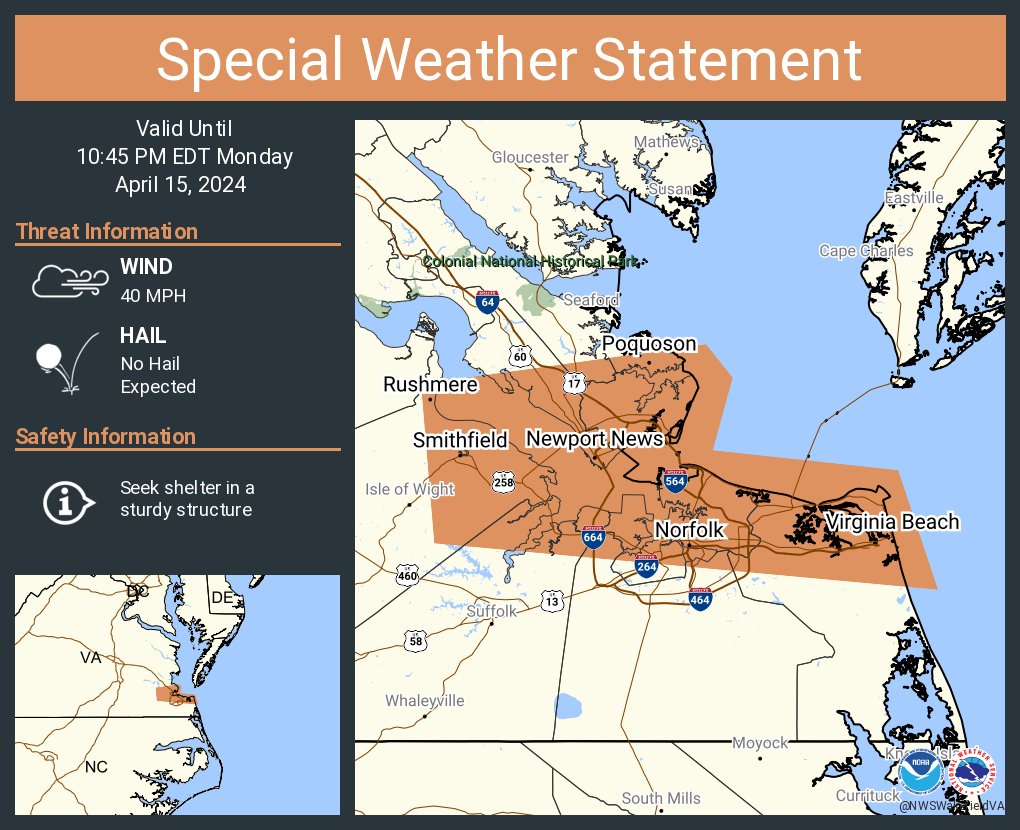 A special weather statement has been issued for Virginia Beach VA, Norfolk VA and Chesapeake VA until 10:45 PM EDT