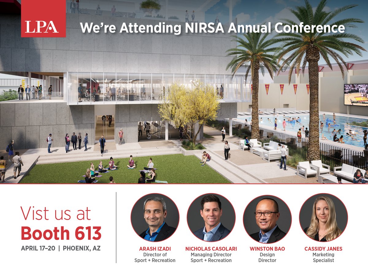 Our Sport + Recreation team is looking forward to talking about new ideas in collegiate recreation at the @NIRSAlive conference in Phoenix this week. Find us at Booth 613, Wednesday through Friday. #changinglivesbydesign #NIRSA #campusrec #designforwellbeing