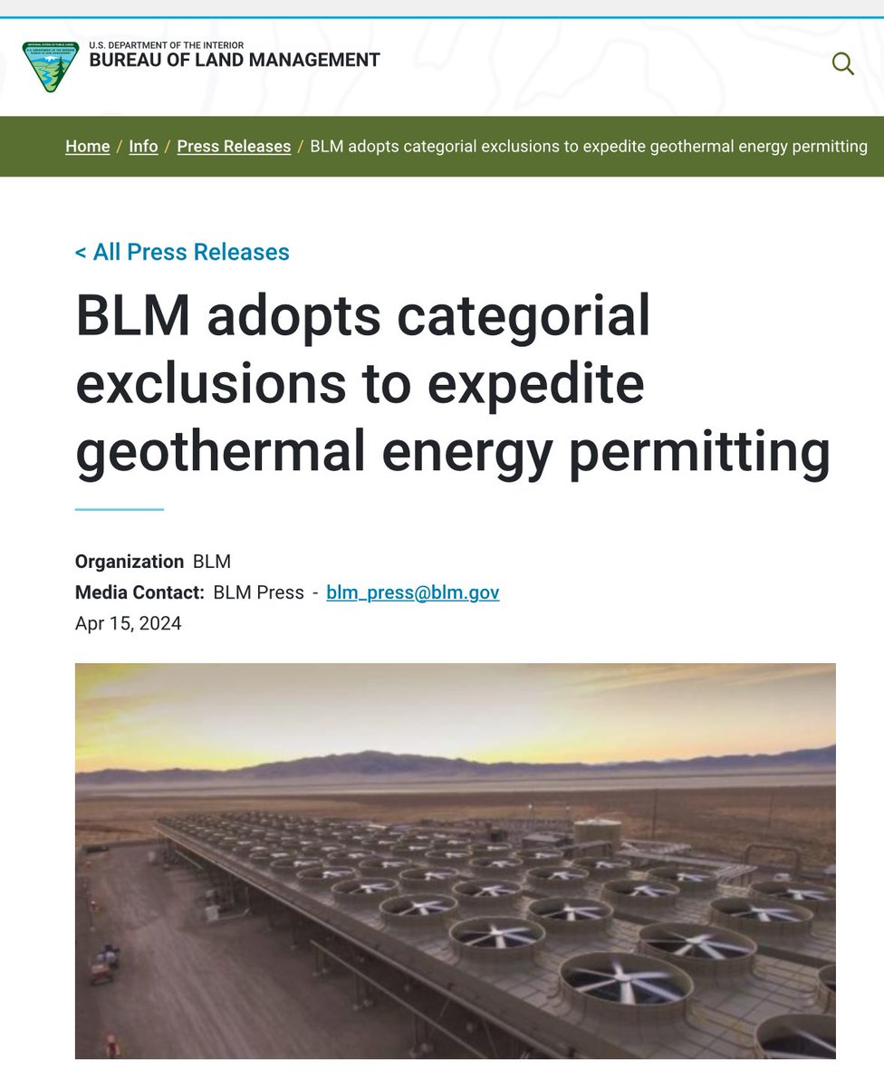 Huge permitting reform news: The Bureau of Land Management is giving geothermal energy exploration a categorical exclusion from environmental review under NEPA. If you care about clean energy abundance, this is a massive win.