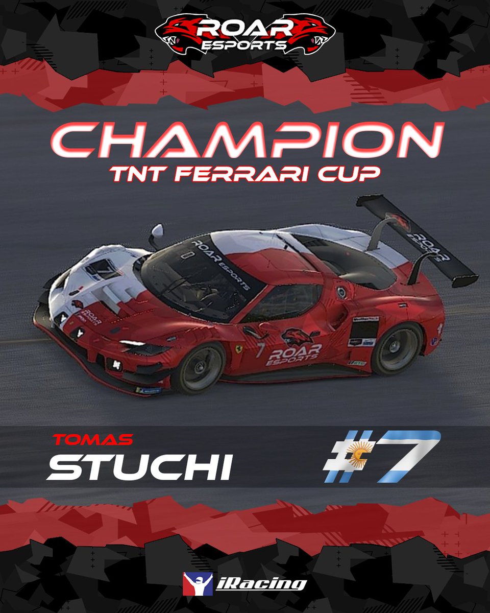 <a href="/toto_stuchi/">Tomas Stuchi Lutz</a> CHAMPION!!! 🔥🔥

TNT FERRARI CUP 💪

148 puntos!
5 - Wins!
6 - Top 5s!

Felicitaciones/Congrats!!! 🔥

#GoROAR #CHAMPION

📸 #TNTRacers

#simracing #esports #Ferrari #iracing