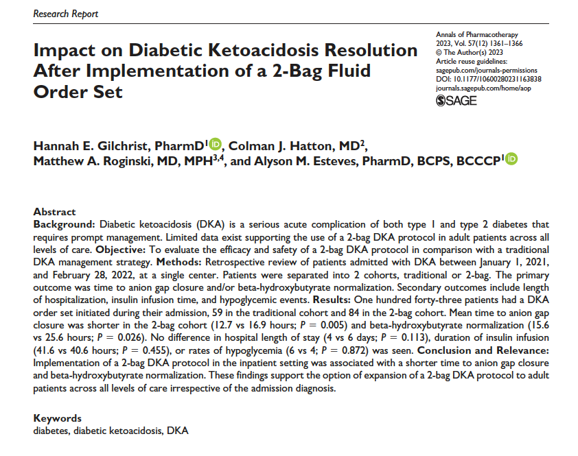 1. Relationship between pain and delirium pubmed.ncbi.nlm.nih.gov/38053750/ @wutpharmd @PharmDuprey @devlinpharmd 2. Comparison of 1st v. 2nd-line agents for SBP prophylaxis pubmed.ncbi.nlm.nih.gov/36680798/ 3. Impact on DKA resolution with 2-bag fluid order set pubmed.ncbi.nlm.nih.gov/37021360/…
