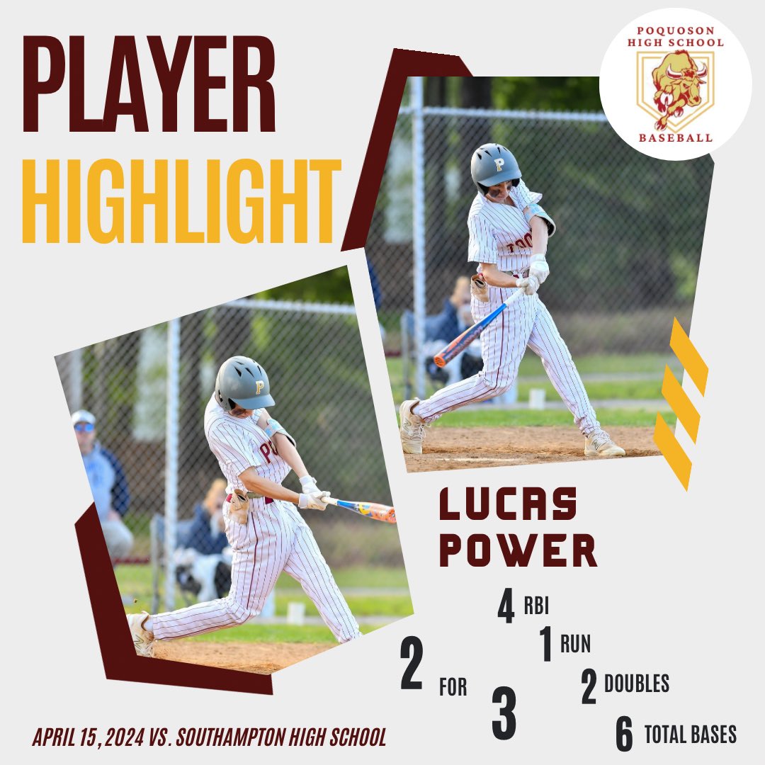PoqBaseball's tweet photo. Infielder Lucas Power (‘26) was 🔥 at the plate tonight and was a big part of the scoring machine that overcame a 4-0 deficit tonight against Southampton.

Power went 3️⃣ for 4️⃣ with 2️⃣ doubles, 4️⃣ RBIs, and 6️⃣ total bases.

#poquoson #PHS #localboy #uncommitted #reptheisland https://t.co/jeUaYu6eDF