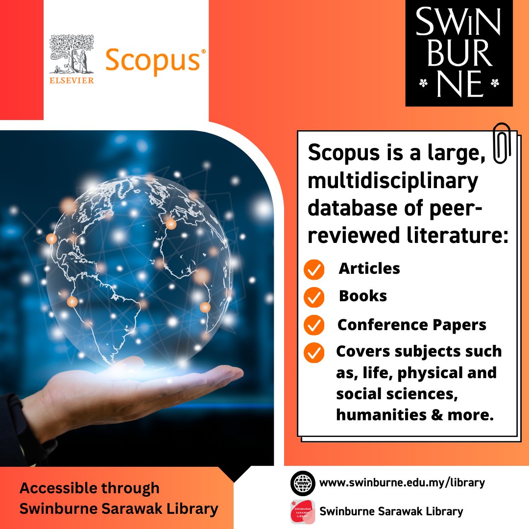 Scopus is an online database providing multidisciplinary database of peer-reviewed literature in articles, books, and conference papers.
swinburne.edu.my/.../databases/… 
#Scopus #librarydatabase #swinburnesarawaklibrary #swinburnesarawaklibraryapp #onlineresources #swinburnesarawak