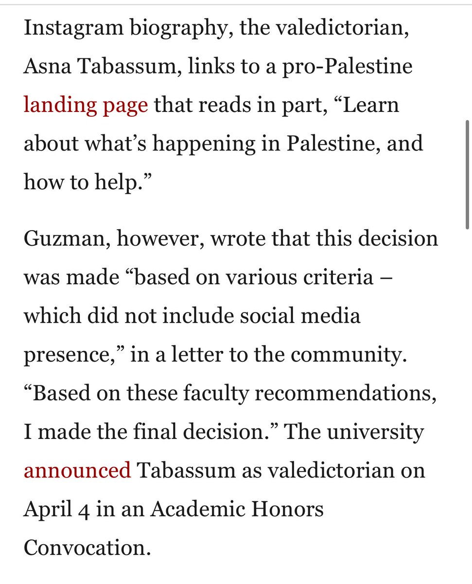 USC cancelled 2024 valedictorian Asna Tabassum’s graduation speech because they were afraid she would say something about Palestine Part of their decision: she had a pro-Palestine link in her IG bio that reads in part, “Learn about what’s happening in Palestine, & how to help.”
