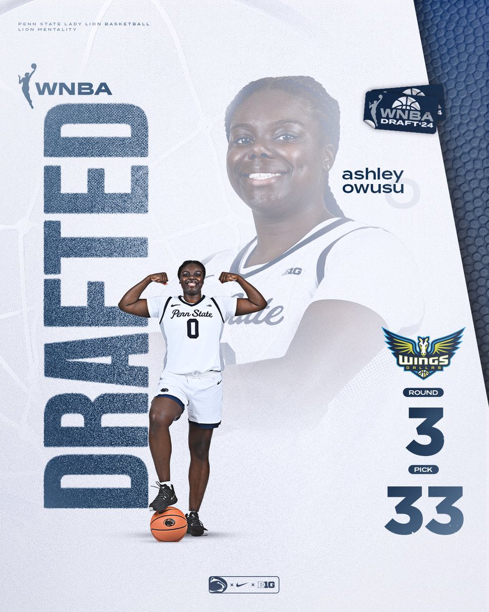 Penn State Women's Basketball (@pennstatewbb) on Twitter photo With the 33rd pick in the 2024 WNBA draft, the <a href="/DallasWings/">Dallas Wings</a> select <a href="/Ashleyyowusu15/">Ashley Owusu</a> ‼️
#LionMentality #WeAre With the 33rd pick in the 2024 WNBA draft, the <a href="/DallasWings/">Dallas Wings</a> select <a href="/Ashleyyowusu15/">Ashley Owusu</a> ‼️
#LionMentality #WeAre