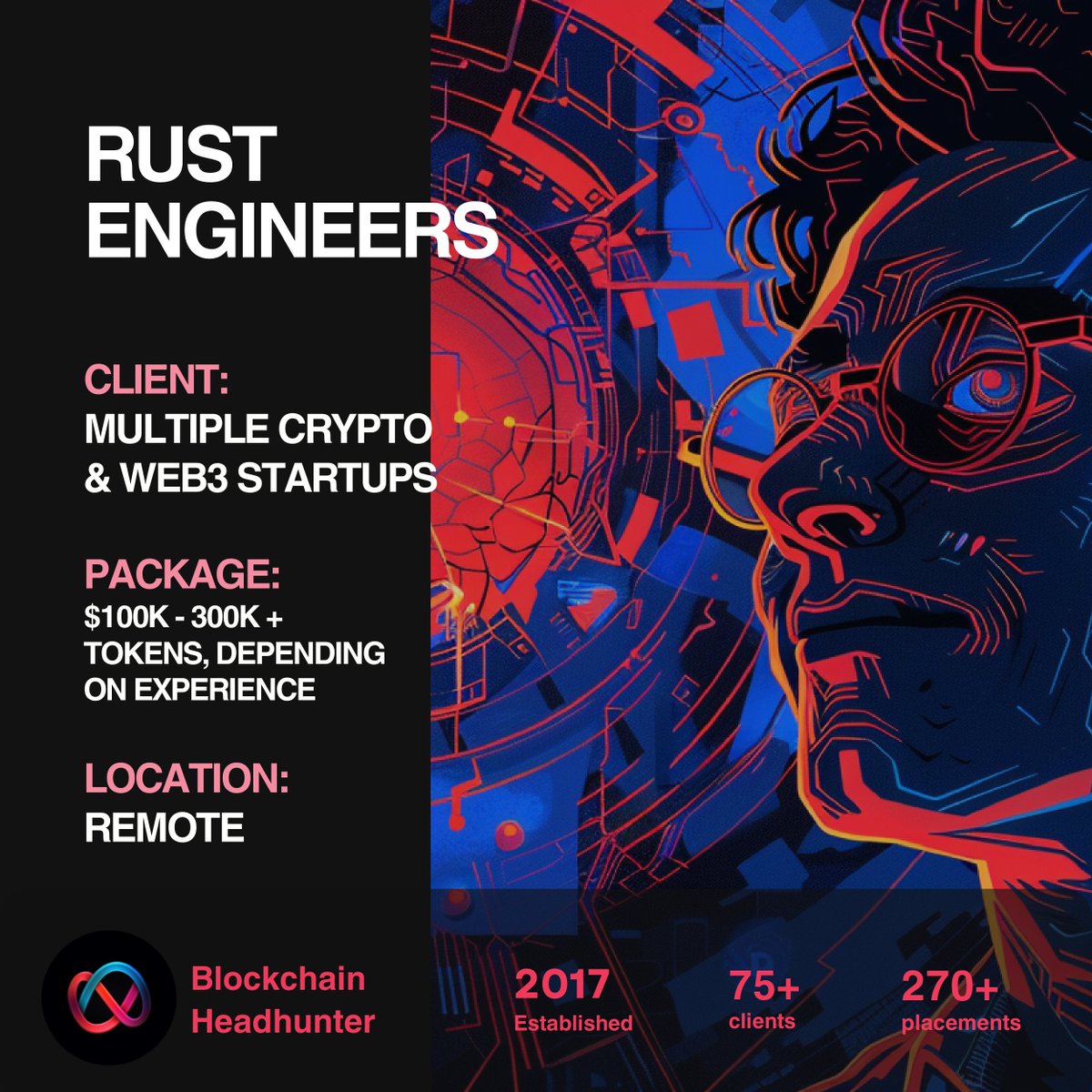 📣 Position: Rust Engineer x 2 - blockchainheadhunter.com/jobs/Rust-Engi… 💾 Client: AI Crypto Trading Infrastructure 💰 Compensation: $100 - 300K 🌍 Location: Remote