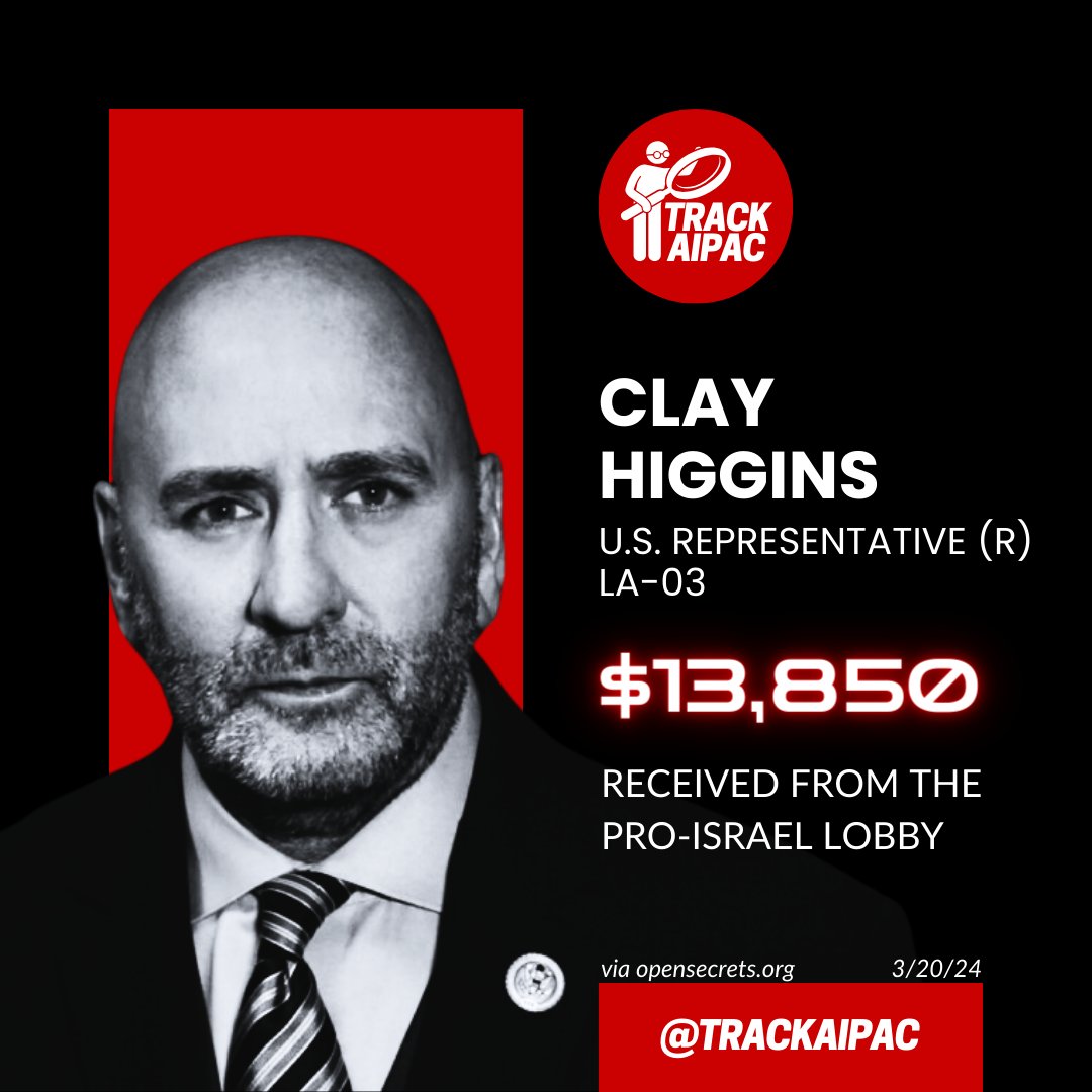 @RepClayHiggins AIPAC Rep. Clay HIggins sold his soul to the Israel lobby for less than $15K. Looks like he's asking for a raise from the Israel lobby. #LA03 #RejectAIPAC