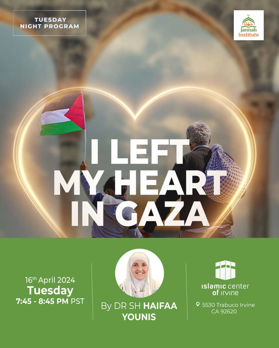 Join us for Jannah Institute's Tuesday Night Program live tommorrow! Sh. Dr. Haifaa Younis will lead us through her experience in Gaza and why she left her heart there. Join us on Tuesday, April 16th at 7:45 PM PST. Live on YouTube: youtube.com/watch?v=mjwbCy…