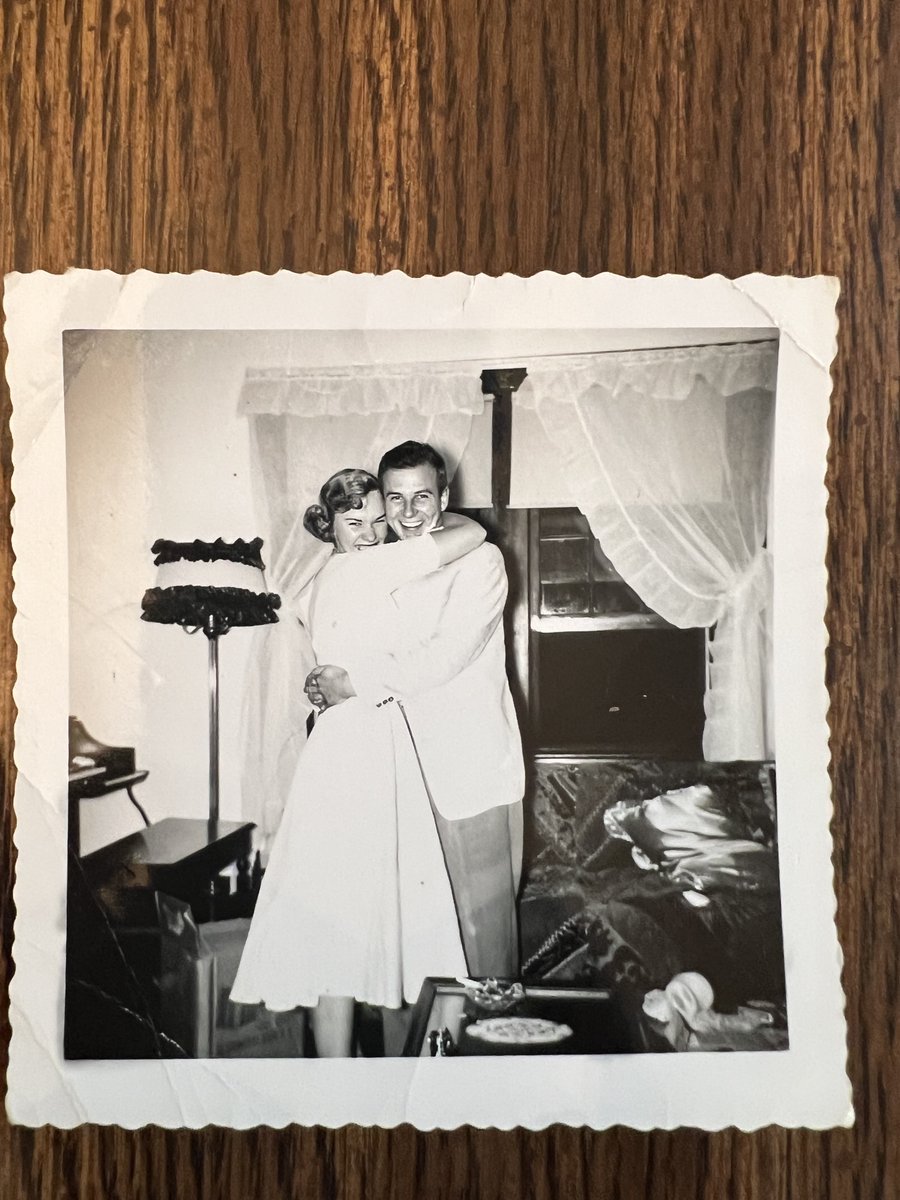 An essay I wrote about my grandfather last summer for @BitterSouth is making the rounds again, so it feels right to let you know that his wife, my grandma, turned 89 yesterday. Here they are at their wedding shower 70 years ago. bittersoutherner.com/feature/2023/o…