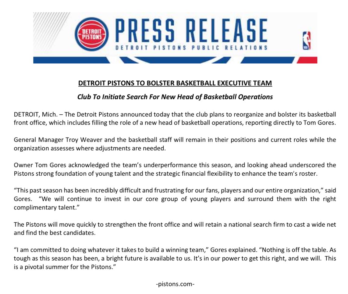 The Detroit Pistons announced today that the club plans to reorganize and bolster its basketball front office, which includes filling the role of a new head of basketball operations, reporting directly to Tom Gores.