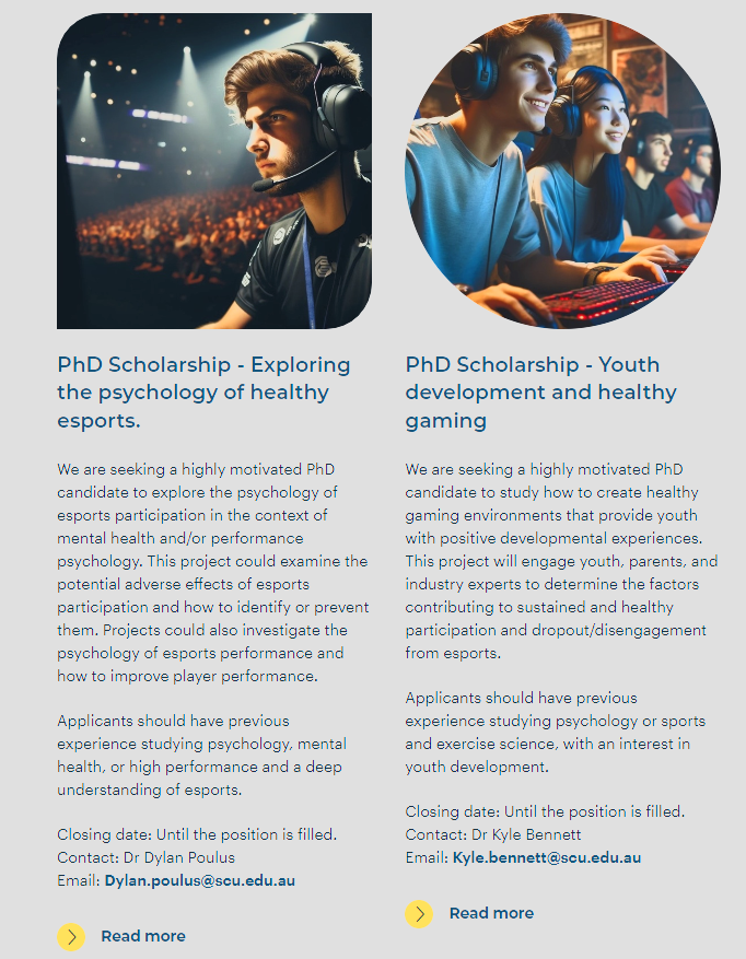 🚨🚨 Super excited to announce that @KyleJMBennett and I have two new esports PhD scholarships available at @SCUonline. Both projects are inspired by a desire to understand how players can develop a ‘healthy’ relationship with esports. 🎓#1. Exploring the psychology of esports…